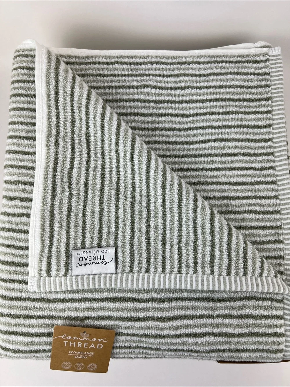 Common Thread Bamboo Bath Towels Eco-Melange Green White Stripe 2 Pc NEW